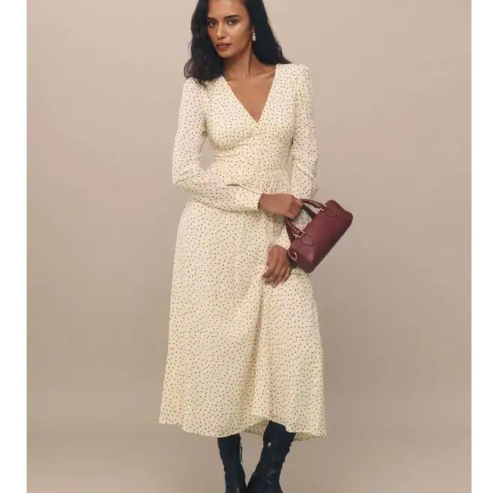 New with tags Reformation Liara Polka Dot Salt and Pepper Midi Dress Cream Black